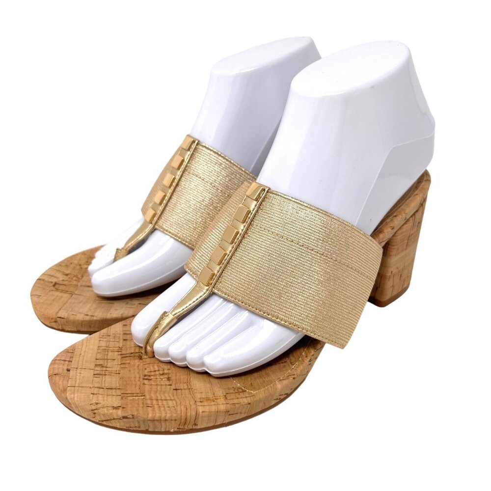 Alex Marie Metallic‎ Gold Cork Heel Toe Peg Sandal Metal Accents 10M